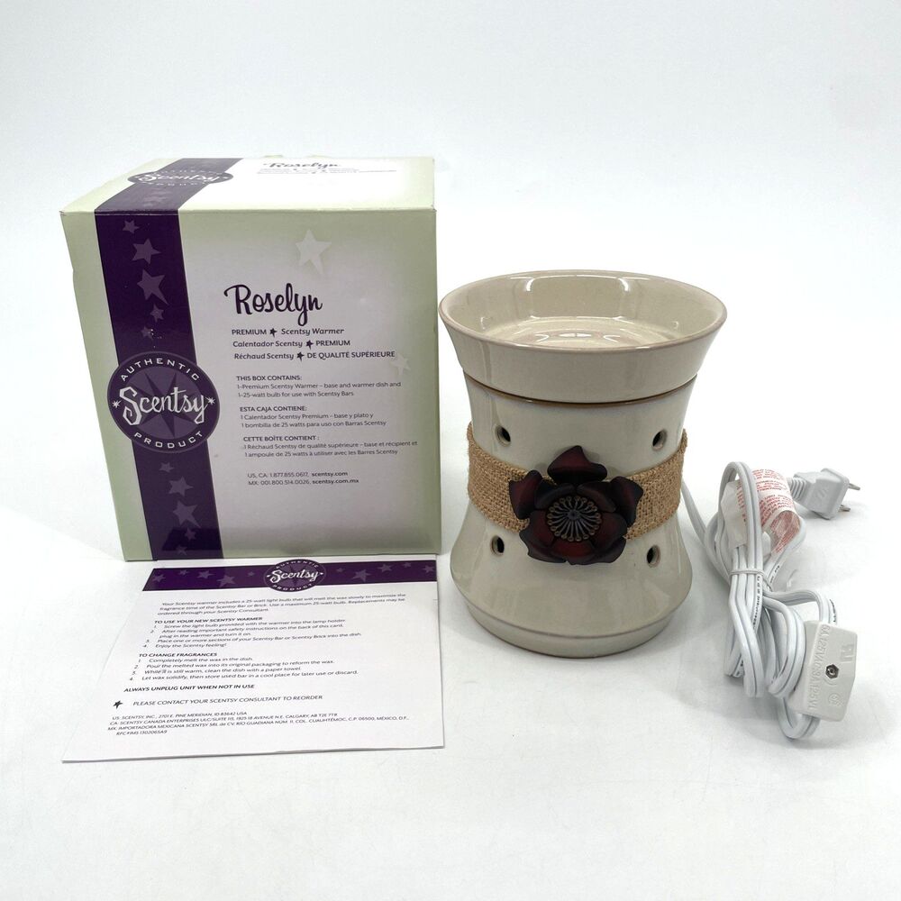 Scentsy Roselyn Ceramic Wax Warmer Tan Burlap Band Metal Rose Flower Retired Box